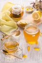 Cup of tea and honey in a glass jar Royalty Free Stock Photo