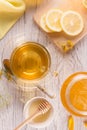 Cup of tea and honey in a glass jar Royalty Free Stock Photo