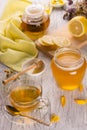 Cup of tea and honey in a glass jar Royalty Free Stock Photo