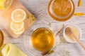 Cup of tea and honey in a glass jar Royalty Free Stock Photo