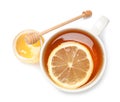 Cup of tea with lemon and honey jar on white background Royalty Free Stock Photo