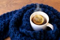 Cup of tea with lemon slice with scarf around it. Royalty Free Stock Photo