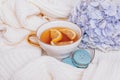 Cup of tea, macaroons and blue hydrangea Royalty Free Stock Photo