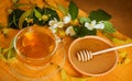 Cup of tea linden jasmine honey wooden background