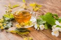 Cup of tea linden jasmine on wooden background