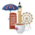 Cup of tea and London symbols and architecture on background Vector