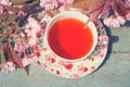 A cup of tea in a lovely English cup and Japanese cherry tree flowers