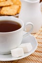 A cup of tea with a lump sugar and crackers Royalty Free Stock Photo