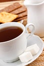Cup of tea with a lump sugar and crackers Royalty Free Stock Photo