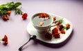 A Cup of tea made from calendula flowers on a white plate with scattered flowers, purple background, close - up, side view-the