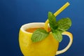 A cup of tea made from natural lemon with mint leaves. Creative composition on the theme of natural tea