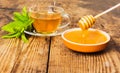 Cup of tea mint honey wooden background