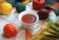 A Cup of tea with multicolored skeins of yarn and autumn foliage, top view Royalty Free Stock Photo