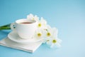 Cup of tea, notebook and a bouquet of white narcissus Royalty Free Stock Photo