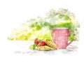 A cup of tea and oatmeal cookies in the summer garden, digital watercolor Royalty Free Stock Photo