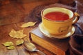 Cup of tea with old book, autumn leaves and a warm scarf on wooden table