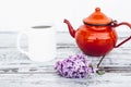 Cup of tea and old red teapot on vintage wooden table with branch of lilac Royalty Free Stock Photo