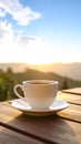 Cup of tea outdoors on a wooden table with a view of mountains and the sky in morning light Royalty Free Stock Photo