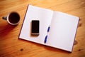 Cup of tea, pen, opened organizer and smartphone