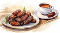 A cup of tea and a plate of dried dates, oriental sweets