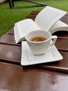 A cup of tea and a quiet environment in the middle of nature with a bedside book