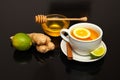 Cup with tea, raw ginger and lime on saucer Royalty Free Stock Photo