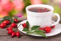 Cup of tea rosehip berries on a dark wooden background Royalty Free Stock Photo