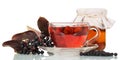 Cup of tea rosehip berries, soda cans and elderberries isolated. Royalty Free Stock Photo