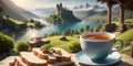 Cup of tea and sandwiches on wooden table against beautiful mountain landscape Royalty Free Stock Photo