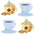 A cup of tea with a saucer and a cup of coffee with whipped cream and chocolate chip cookies. Vector stock illustration. Seamless Royalty Free Stock Photo