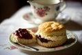 A cup of tea with scones and jam and cream.