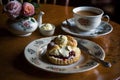 A cup of tea with scones and jam and cream.