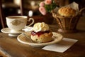 A cup of tea with scones and jam and cream.