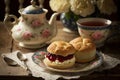 A cup of tea with scones and jam and cream.