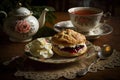 A cup of tea with scones and jam and cream.