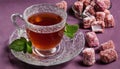 A cup of tea sits on a saucer with a spoon and a bowl of sugar cubes