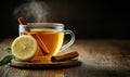 A cup of tea sits on a white plate, topped with a single slice of lemon Royalty Free Stock Photo