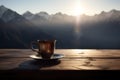 A cup of tea sitting on a table with a view of theMountain in the background. Generative AI Royalty Free Stock Photo