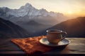 A cup of tea sitting on a table with a view of theMountain in the background. Generative AI Royalty Free Stock Photo