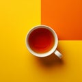 cup of tea sitting on yellow and orange background top view, in the style of monochromatic geometry, light gray and