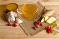 Cup of tea,slices of ginger,honey,rosehip berries and viburnum