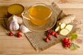 Cup of tea,slices of ginger,honey,rosehip berries and viburnum Royalty Free Stock Photo