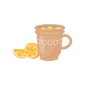 Cup of tea with small flowers and sweet lemon. Delicious hot drink. Tasty beverage. Flat vector design