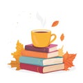 Cup of tea on the stack books. Cozy autumn illustration. Hello fall Royalty Free Stock Photo