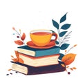 Cup of tea on the stack books. Cozy autumn illustration. Hello fall Royalty Free Stock Photo