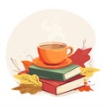 Cup of tea on the stack books. Cozy autumn illustration. Hello fall Royalty Free Stock Photo
