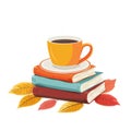 Cup of tea on the stack books. Cozy autumn illustration. Hello fall Royalty Free Stock Photo