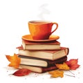 Cup of tea on the stack books. Cozy autumn illustration. Hello fall Royalty Free Stock Photo