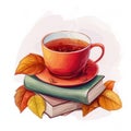 Cup of tea on the stack books. Cozy autumn illustration. Hello fall Royalty Free Stock Photo