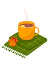 A cup of tea stands on a blanket with a wedge leaf. Autumn drink with spices.Cozy autumn illustration